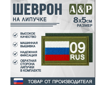 Шеврон на липучке «09 регион». Размер 80х50 мм. Цвет: хаки.