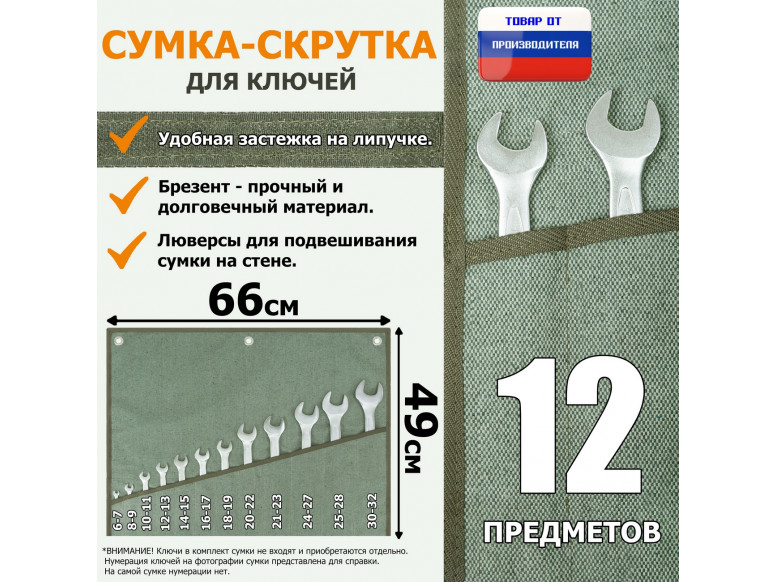 Сумка-скрутка для рожковых (накидных, гаечных, комбинированных) ключей 6-32 мм (12 предметов). Материал: брезент.